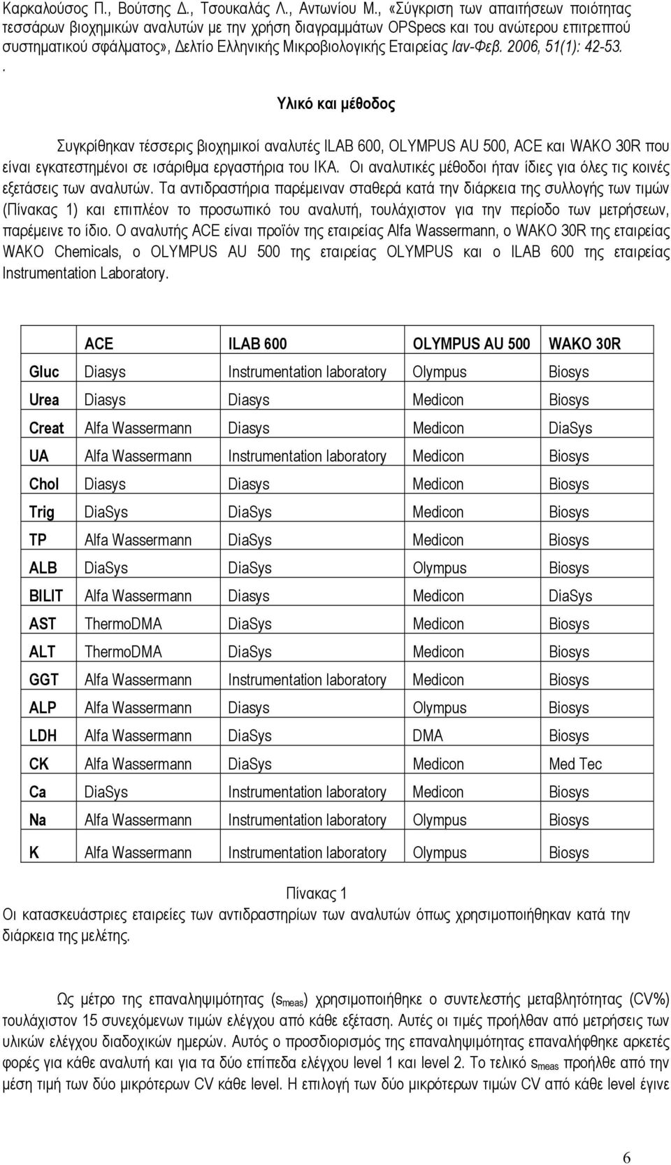 µετρήσεων, παρέµεινε το ίδιο Ο αναλυτής ACE είναι προϊόν της εταιρείας Alfa Wassermann, ο WAKO 30R της εταιρείας WAKO Chemicals, ο OLYMPUS AU 500 της εταιρείας OLYMPUS και ο ILAB 600 της εταιρείας