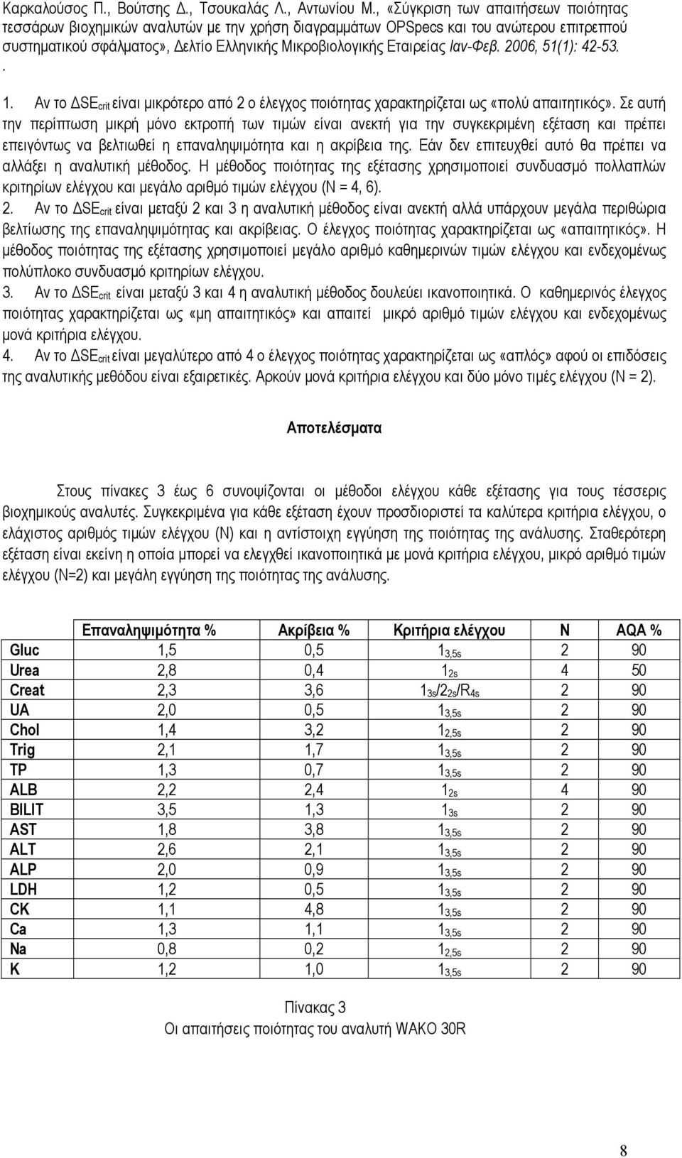κριτηρίων ελέγχου και µεγάλο αριθµό τιµών ελέγχου (Ν = 4, 6) 2 Αν το SE crit είναι µεταξύ 2 και 3 η αναλυτική µέθοδος είναι ανεκτή αλλά υπάρχουν µεγάλα περιθώρια βελτίωσης της επαναληψιµότητας και