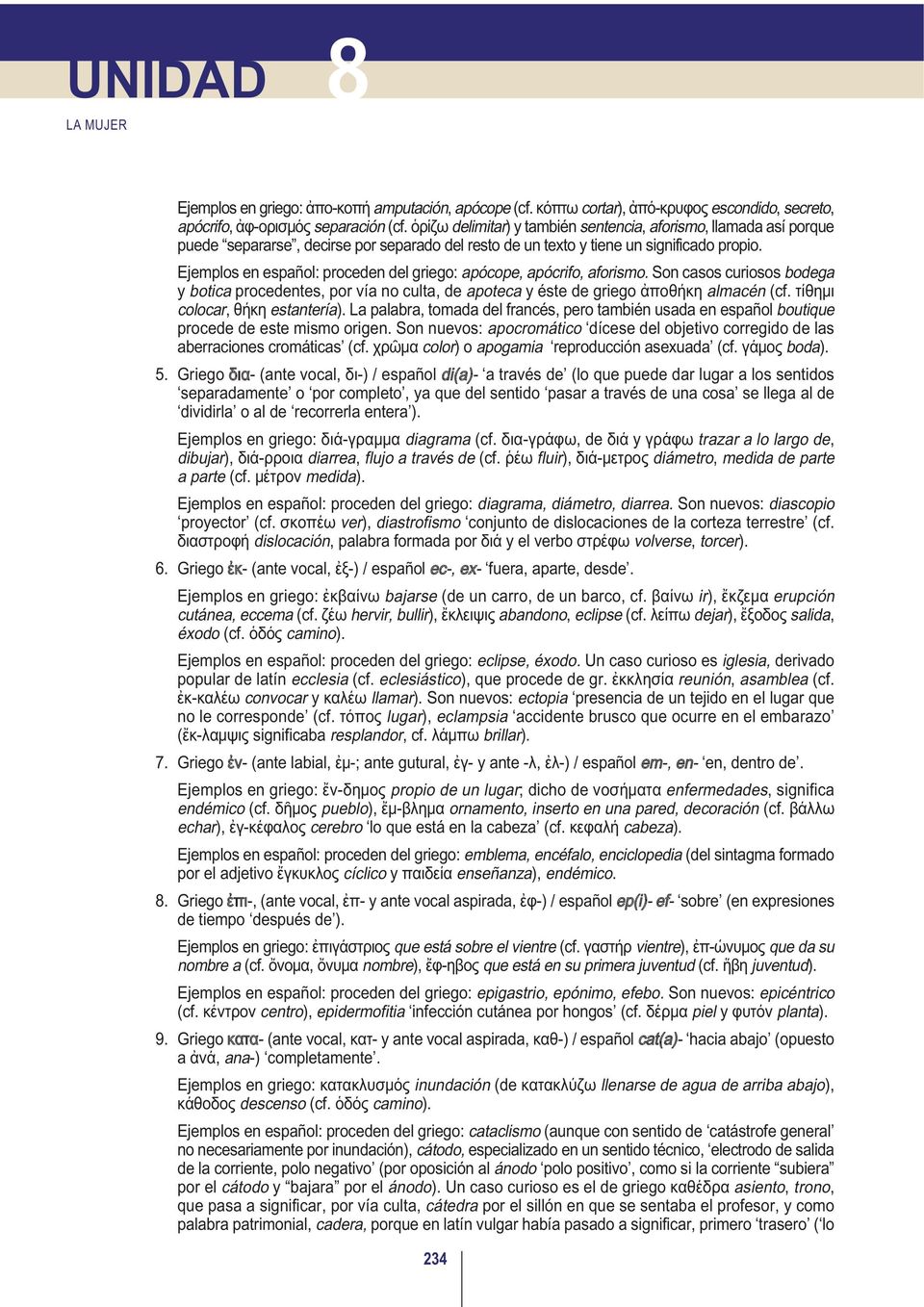 Ejemplos en español: proceden del griego: apócope, apócrifo, aforismo. Son casos curiosos bodega y botica procedentes, por vía no culta, de apoteca y éste de griego ἀποθήκη almacén (cf.