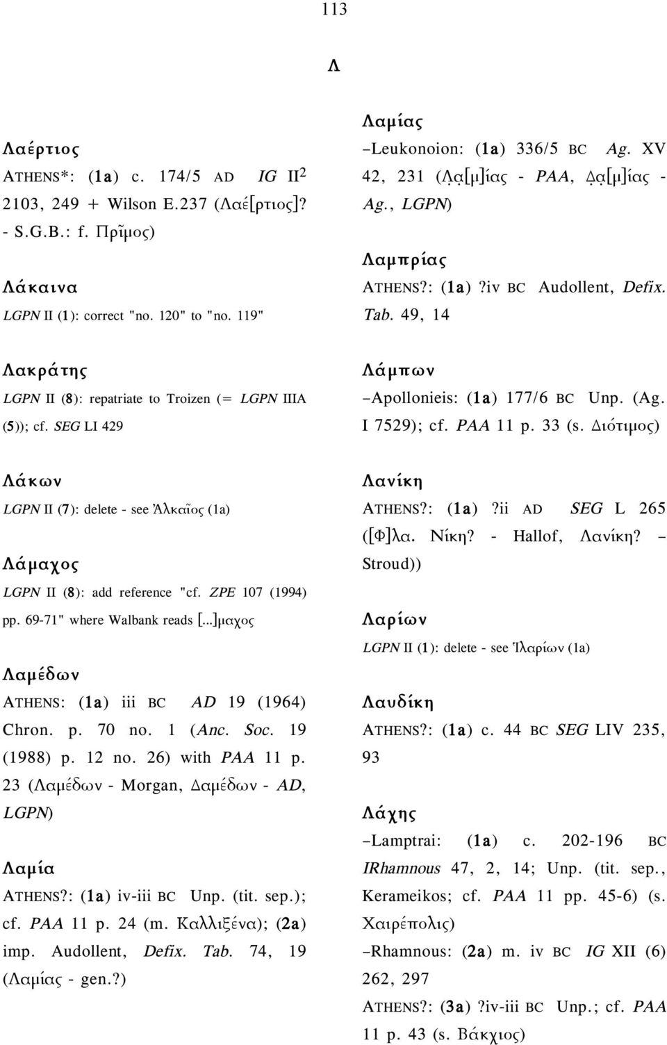 SEG LI 429 Λάµπων Apollonieis: (1a) 177/6 BC Unp. (Ag. I 7529); cf. PAA 11 p. 33 (s. Διότιµος) Λάκων LGPN II (7): delete - see Ἀλκαῖος (1a) Λάµαχος LGPN II (8): add reference "cf. ZPE 107 (1994) pp.