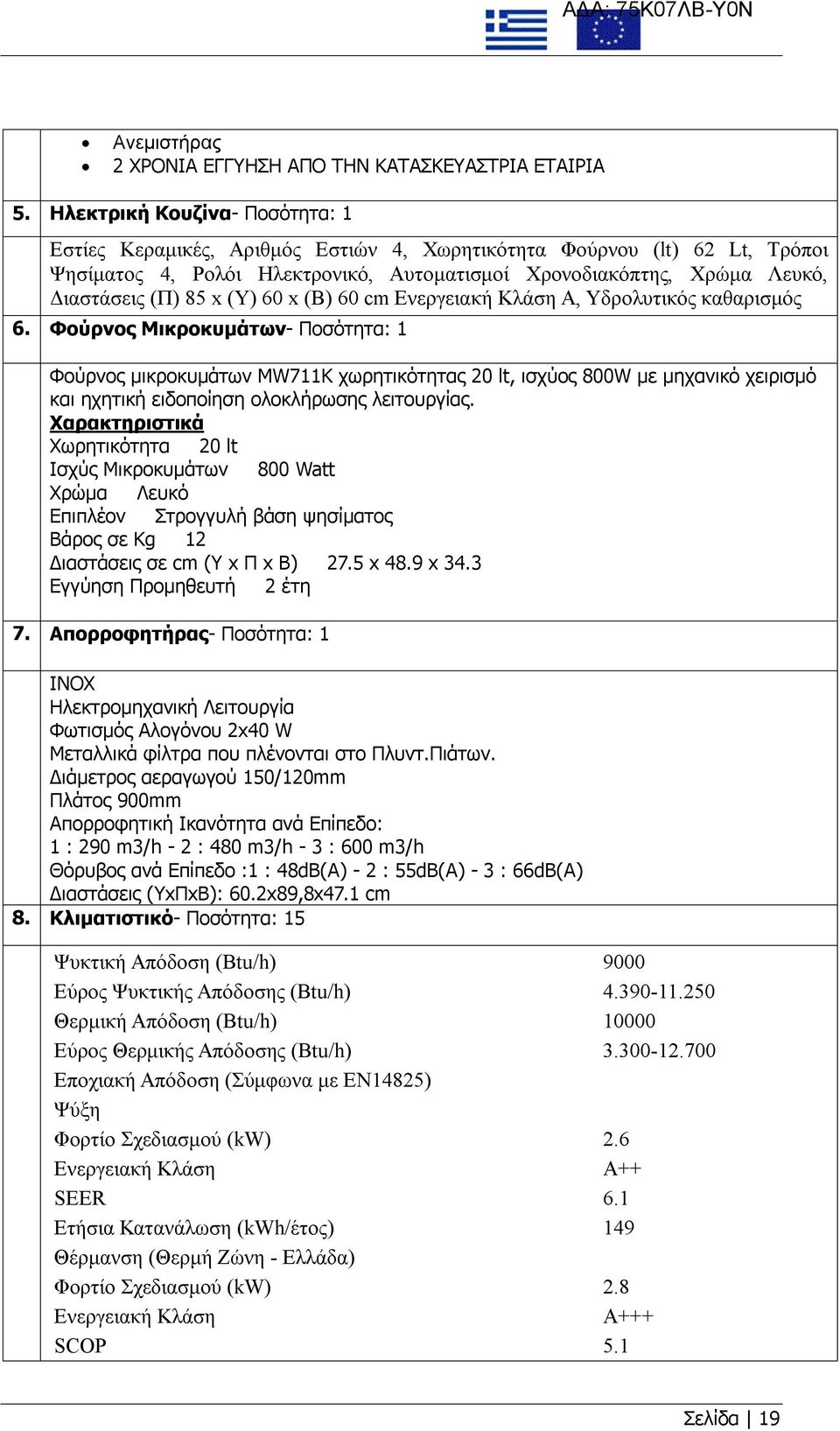 x (Υ) 60 x (Β) 60 cm Ενεργειακή Κλάση Α, Yδρολυτικός καθαρισμός 6.