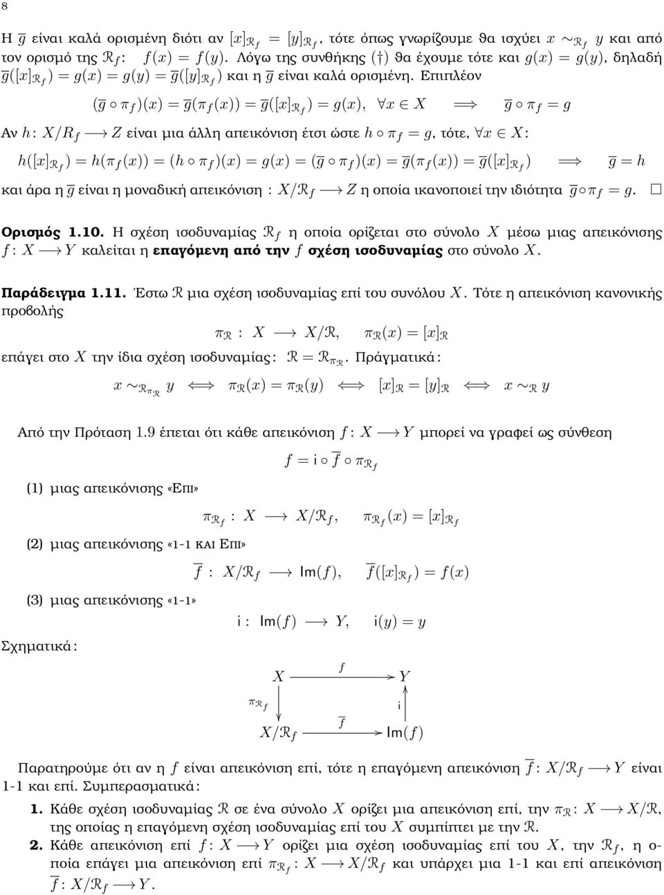 Επιπλέον (g π f (x = g(π f (x = g([x] Rf = g(x, x X = g π f = g Αν h: X/R f Z είναι µια άλλη απεικόνιση έτσι ώστε h π f = g, τότε, x X: h([x] Rf = h(π f (x = (h π f (x = g(x = (g π f (x = g(π f (x =