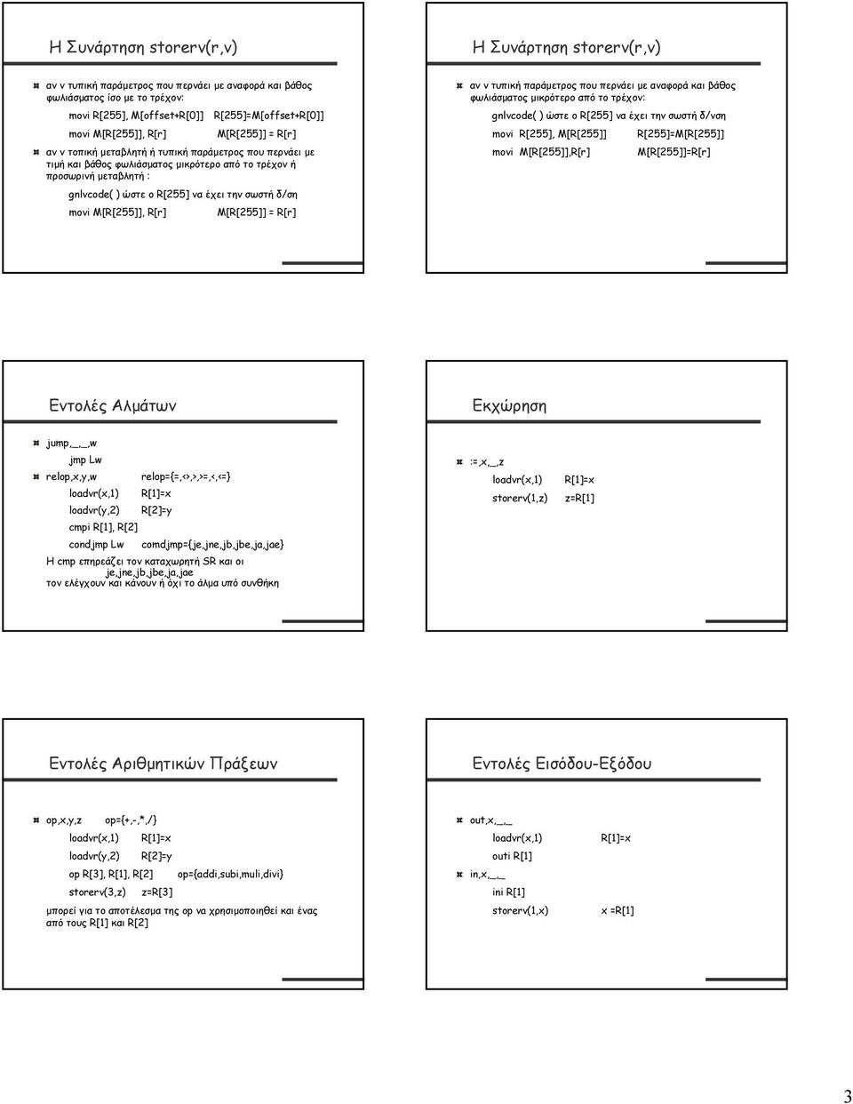 να έχει την σωστή δ/νση movi R[255], M[R[255]] R[255]=M[R[255]] movi M[R[255]],R[r] M[R[255]]=R[r] Εντολές Αλµάτων Εκχώρηση jump,_,_,w jmp Lw relop,x,y,w relop={=,<>,>,>=,<,<=} loadvr(y,2) R[2]=y