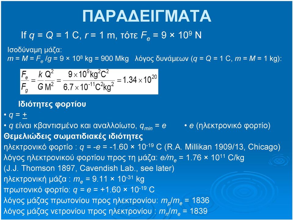 A. Millikan 199/13, Chicago) λόγος ηλεκτρονικού φορτίου προς τη μάζα: e/m e = 1.76 1 11 C/kg (J.J. Thomson 1897, Cavendish Lab.