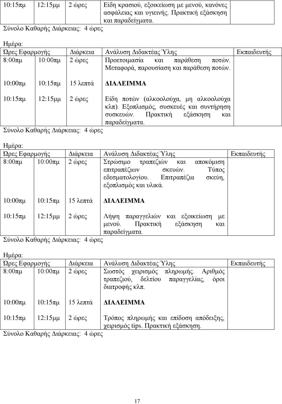 8:00πμ 2 ώρες Στρώσιμο τραπεζιών και αποκόμιση επιτραπέζιων σκευών. Τύπος εδεσματολογίου. Επιτραπέζια σκεύη, εξοπλισμός και υλικά. 12:15μμ 2 ώρες Λήψη παραγγελιών και εξοικείωση με μενού.