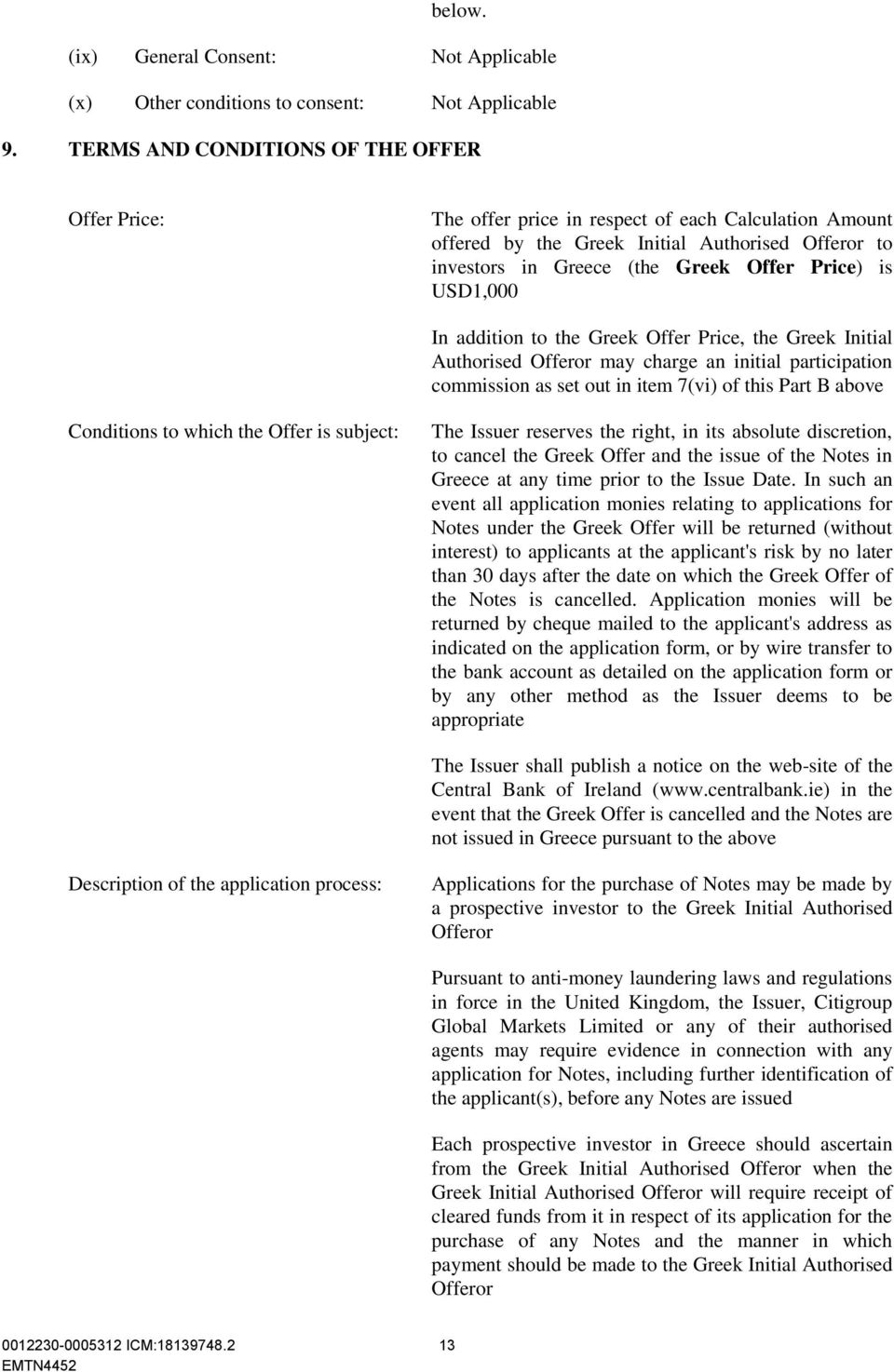 USD1,000 In addition to the Greek Offer Price, the Greek Initial Authorised Offeror may charge an initial participation commission as set out in item 7(vi) of this Part B above Conditions to which