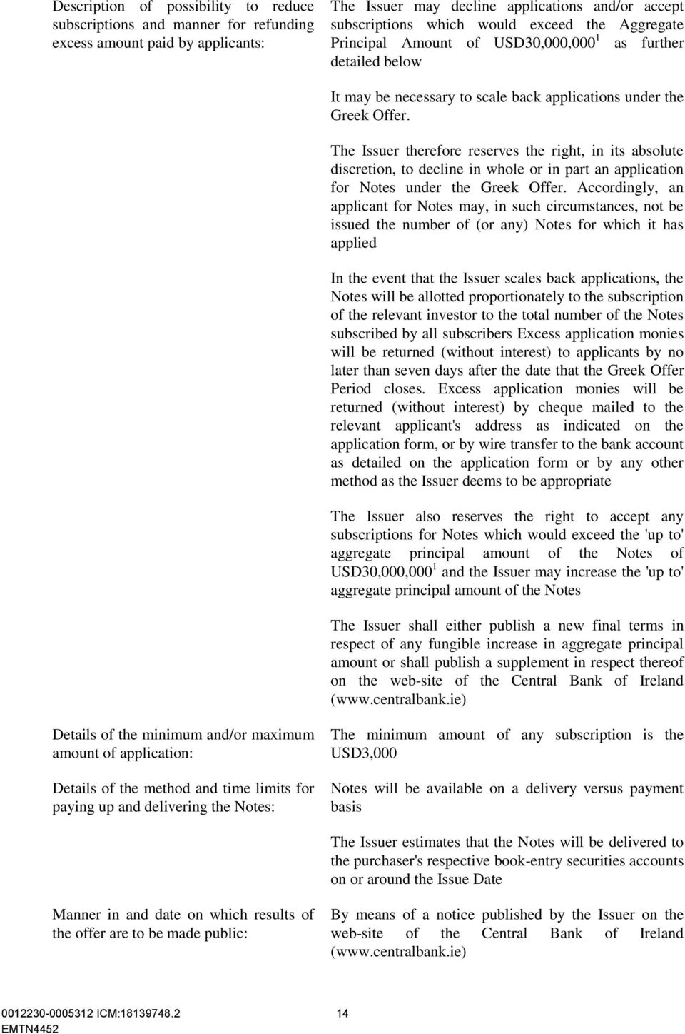 The Issuer therefore reserves the right, in its absolute discretion, to decline in whole or in part an application for Notes under the Greek Offer.