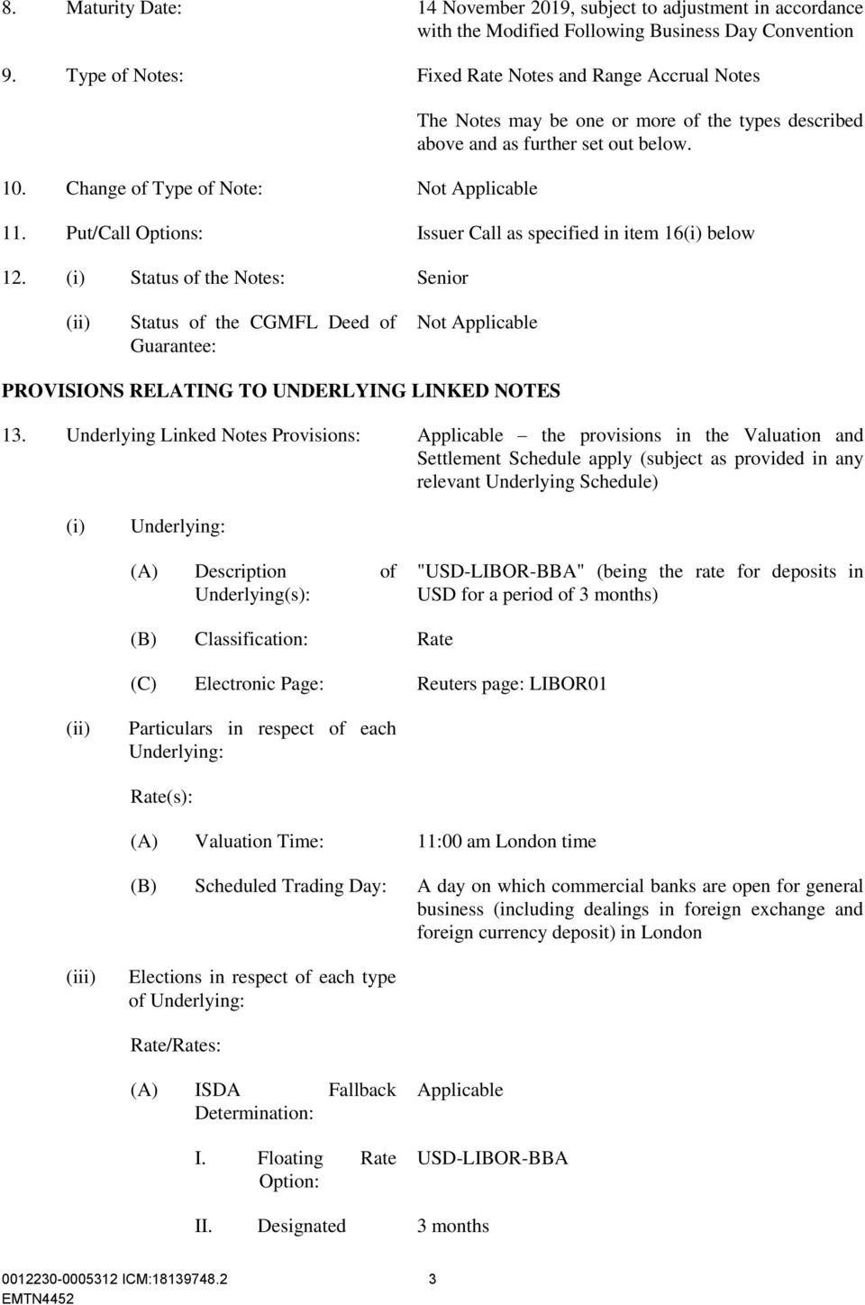 (i) Status of the Notes: Senior (ii) Status of the CGMFL Deed of Guarantee: PROVISIONS RELATING TO UNDERLYING LINKED NOTES 13.