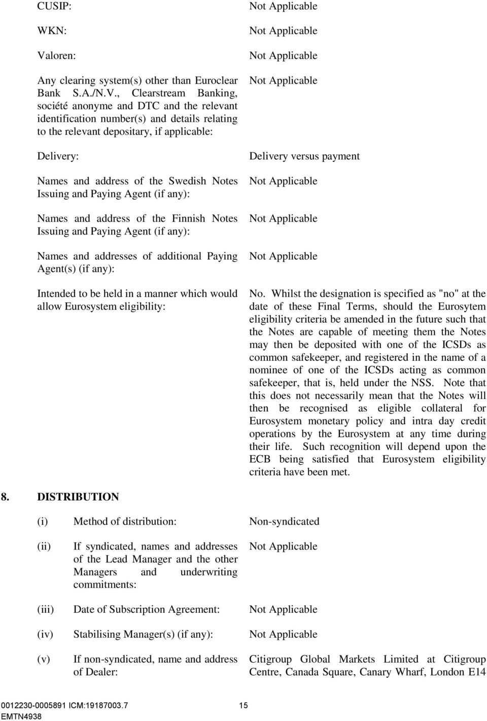 , Clearstream Banking, société anonyme and DTC and the relevant identification number(s) and details relating to the relevant depositary, if applicable: Delivery: Names and address of the Swedish