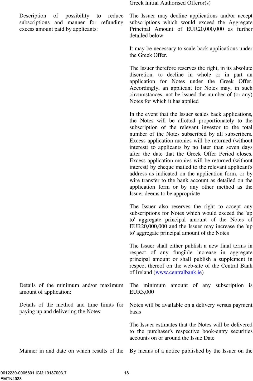 The Issuer therefore reserves the right, in its absolute discretion, to decline in whole or in part an application for Notes under the Greek Offer.