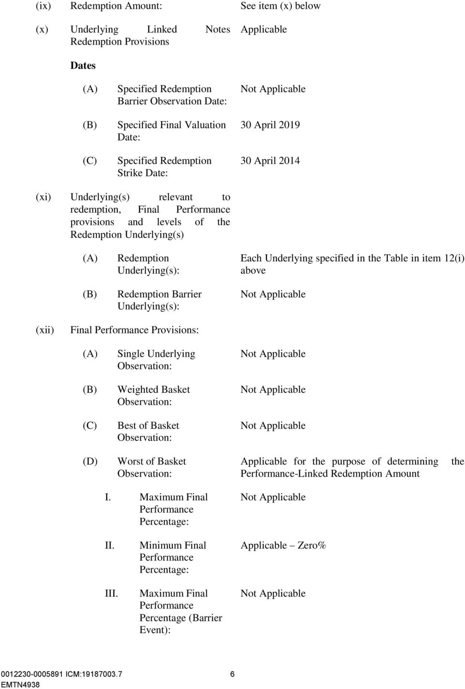 Redemption Underlying(s): Redemption Barrier Underlying(s): Each Underlying specified in the Table in item 12(i) above (xii) Final Performance Provisions: (A) Single Underlying Observation: (B)