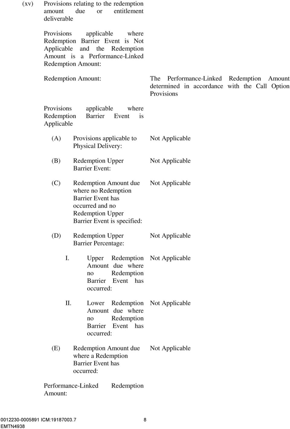 Barrier Event is Applicable (A) (B) (C) (D) (E) Provisions applicable to Physical Delivery: Redemption Upper Barrier Event: Redemption Amount due where no Redemption Barrier Event has occurred and no
