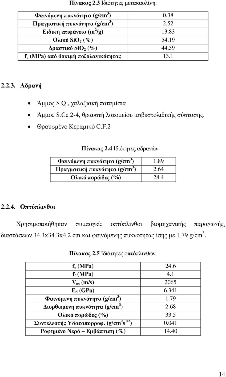 4 Ιδιότητες αδρανών. Φαινόμενη πυκνότητα (g/cm 3 ) 1.89 Πραγματική πυκνότητα (g/cm 3 ) 2.64 Ολικό πορώδες (%) 28.4 2.2.4. Οπτόπλινθοι Χρησιμοποιήθηκαν συμπαγείς οπτόπλινθοι βιομηχανικής παραγωγής, διαστάσεων 34.