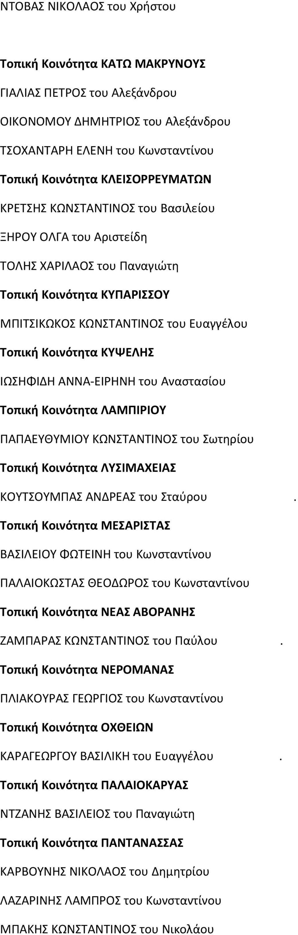 Αναστασίου Τοπική Κοινότητα ΛΑΜΠΙΡΙΟΥ ΠΑΠΑΕΥΘΥΜΙΟΥ ΚΩΝΣΤΑΝΤΙΝΟΣ του Σωτηρίου Τοπική Κοινότητα ΛΥΣΙΜΑΧΕΙΑΣ ΚΟΥΤΣΟΥΜΠΑΣ ΑΝΔΡΕΑΣ του Σταύρου.