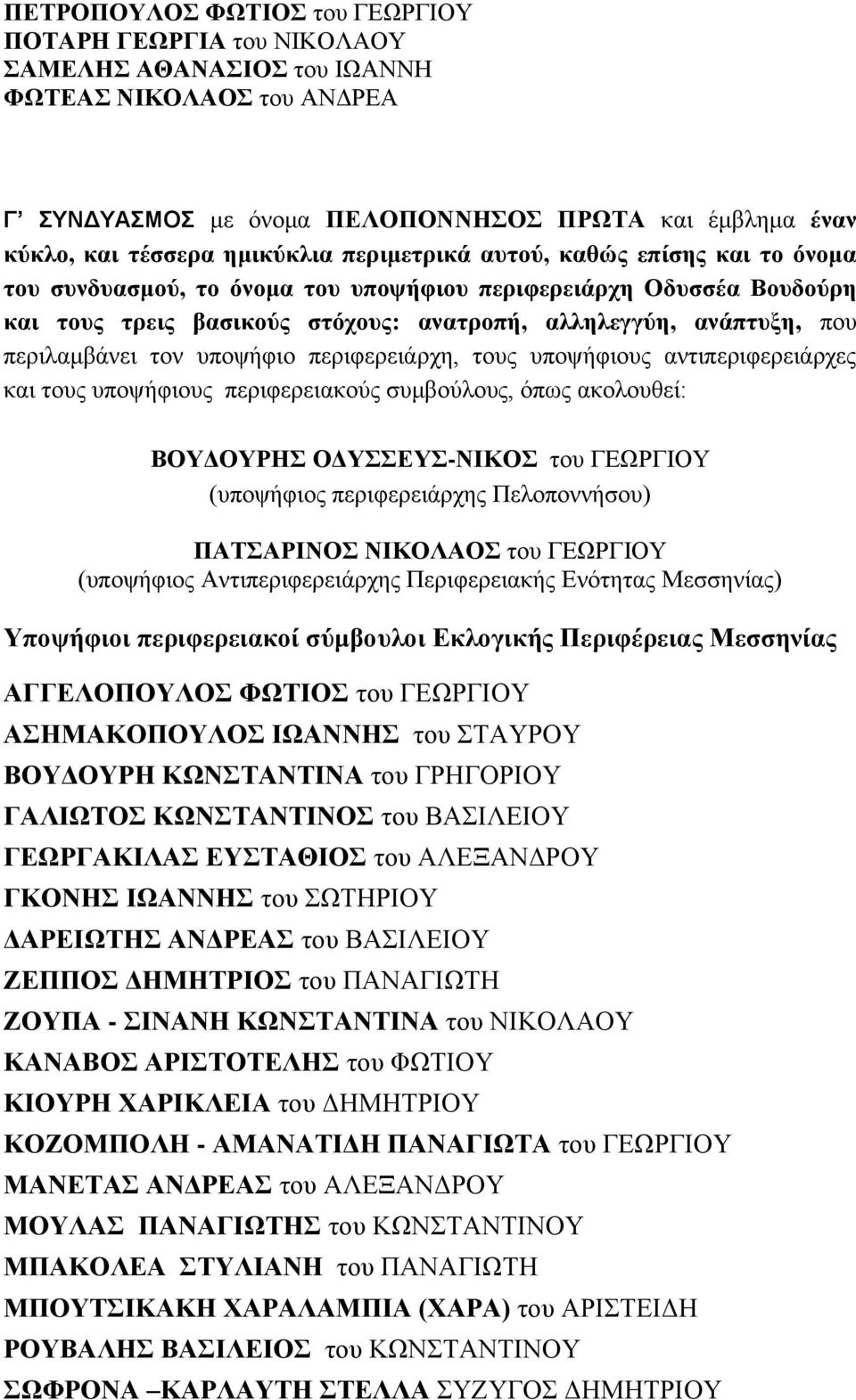 περιλαμβάνει τον υποψήφιο περιφερειάρχη, τους υποψήφιους αντιπεριφερειάρχες και τους υποψήφιους περιφερειακούς συμβούλους, όπως ακολουθεί: ΒΟΥΔΟΥΡΗΣ ΟΔΥΣΣΕΥΣ-ΝΙΚΟΣ του ΓΕΩΡΓΙΟΥ (υποψήφιος