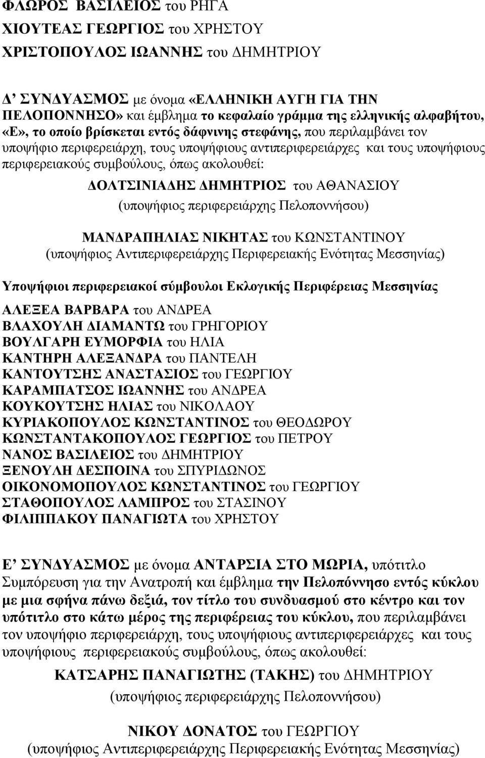 ακολουθεί: ΔΟΛΤΣΙΝΙΑΔΗΣ ΔΗΜΗΤΡΙΟΣ του ΑΘΑΝΑΣΙΟΥ (υποψήφιος περιφερειάρχης Πελοποννήσου) ΜΑΝΔΡΑΠΗΛΙΑΣ ΝΙΚΗΤΑΣ του ΚΩΝΣΤΑΝΤΙΝΟΥ Υποψήφιοι περιφερειακοί σύμβουλοι Εκλογικής Περιφέρειας Μεσσηνίας ΑΛΕΞΕΑ