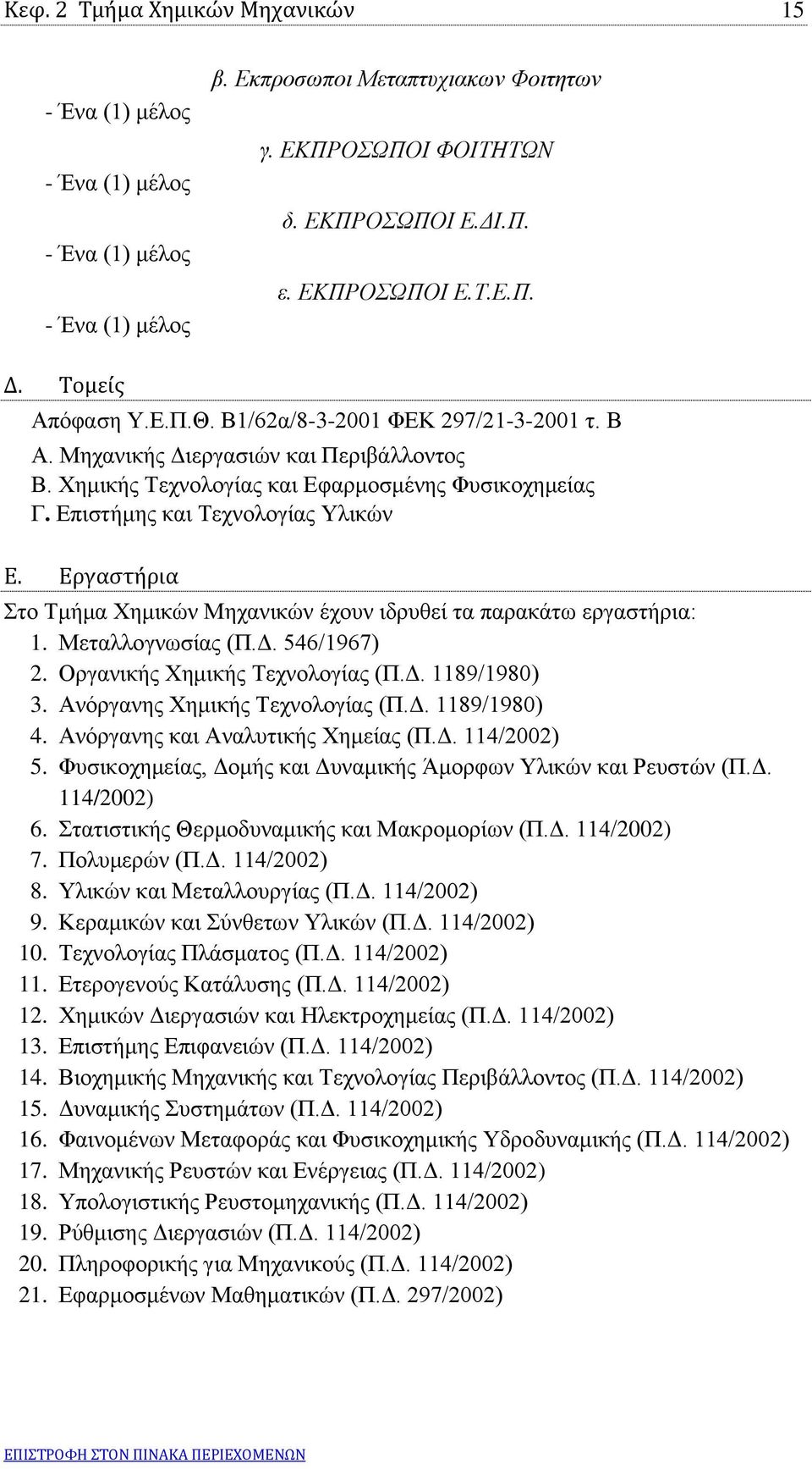 Εργαστήρια Στο Τμήμα Χημικών Μηχανικών έχουν ιδρυθεί τα παρακάτω εργαστήρια: 1. Μεταλλογνωσίας (Π.Δ. 546/1967) 2. Οργανικής Χημικής Τεχνολογίας (Π.Δ. 1189/1980) 3. Ανόργανης Χημικής Τεχνολογίας (Π.Δ. 1189/1980) 4.