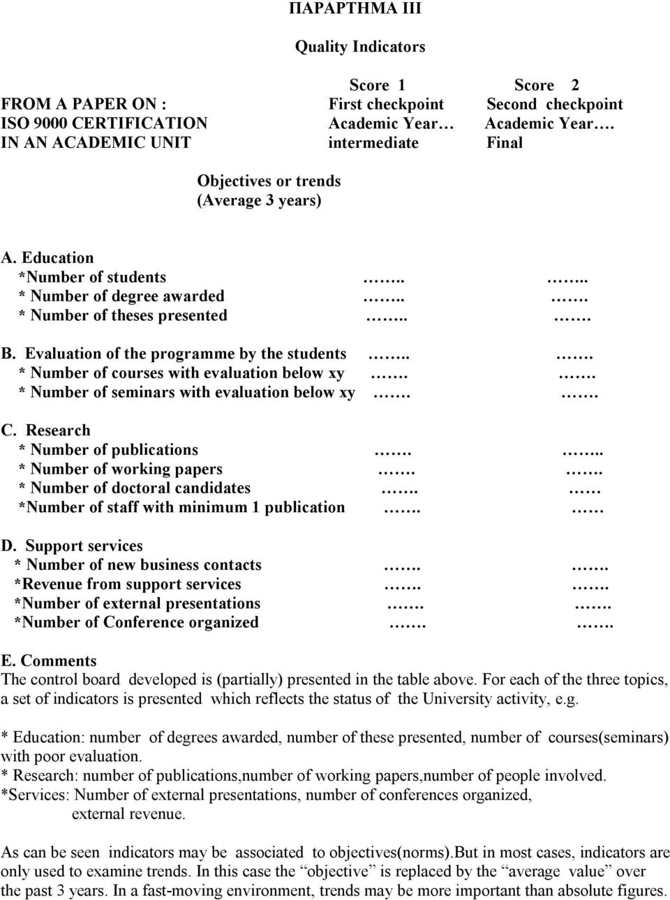 Evaluation of the programme by the students... * Number of courses with evaluation below xy.. * Number of seminars with evaluation below xy.. C. Research * Number of publications.