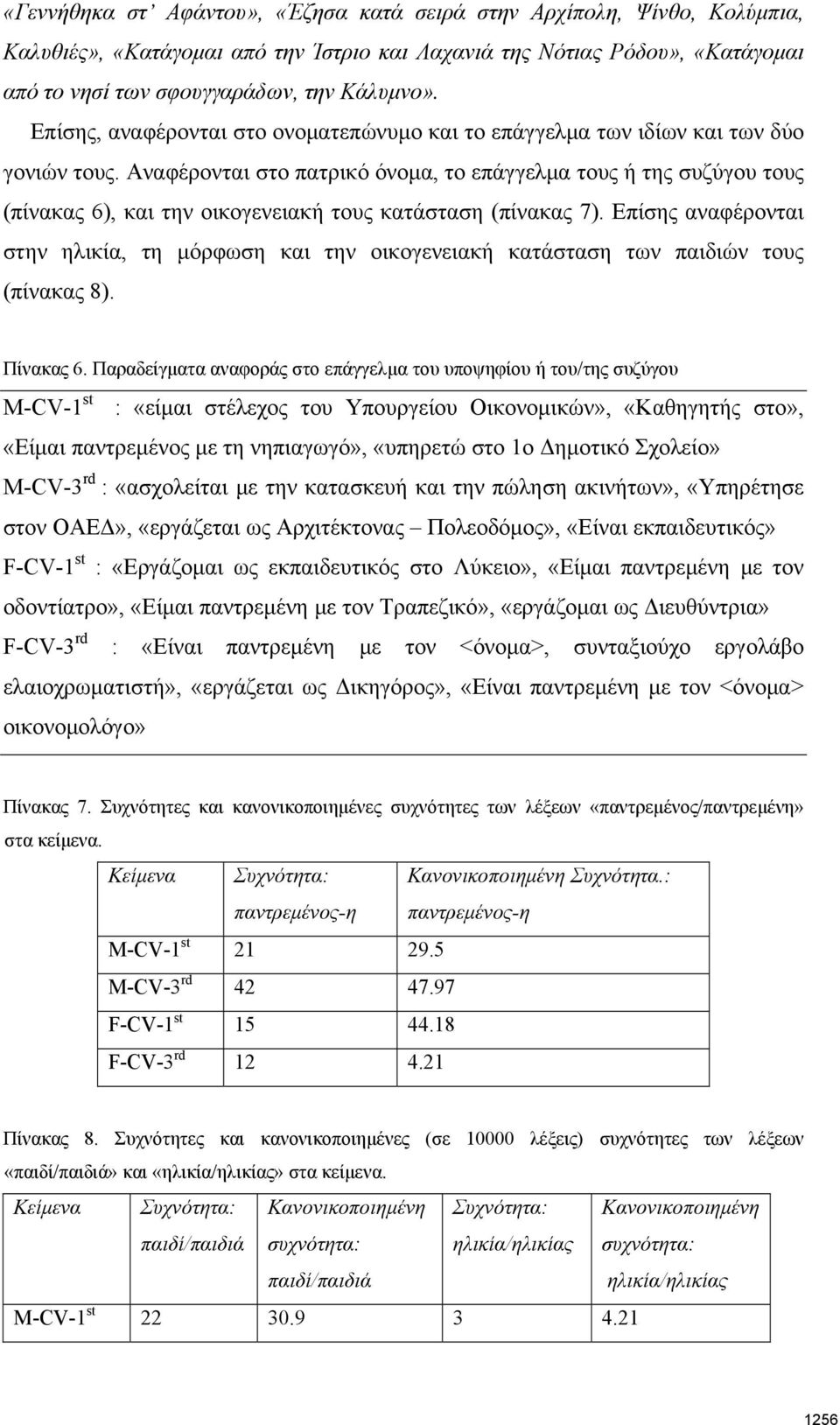 Αναφέρονται στο πατρικό όνομα, το επάγγελμα τους ή της συζύγου τους (πίνακας 6), και την οικογενειακή τους κατάσταση (πίνακας 7).