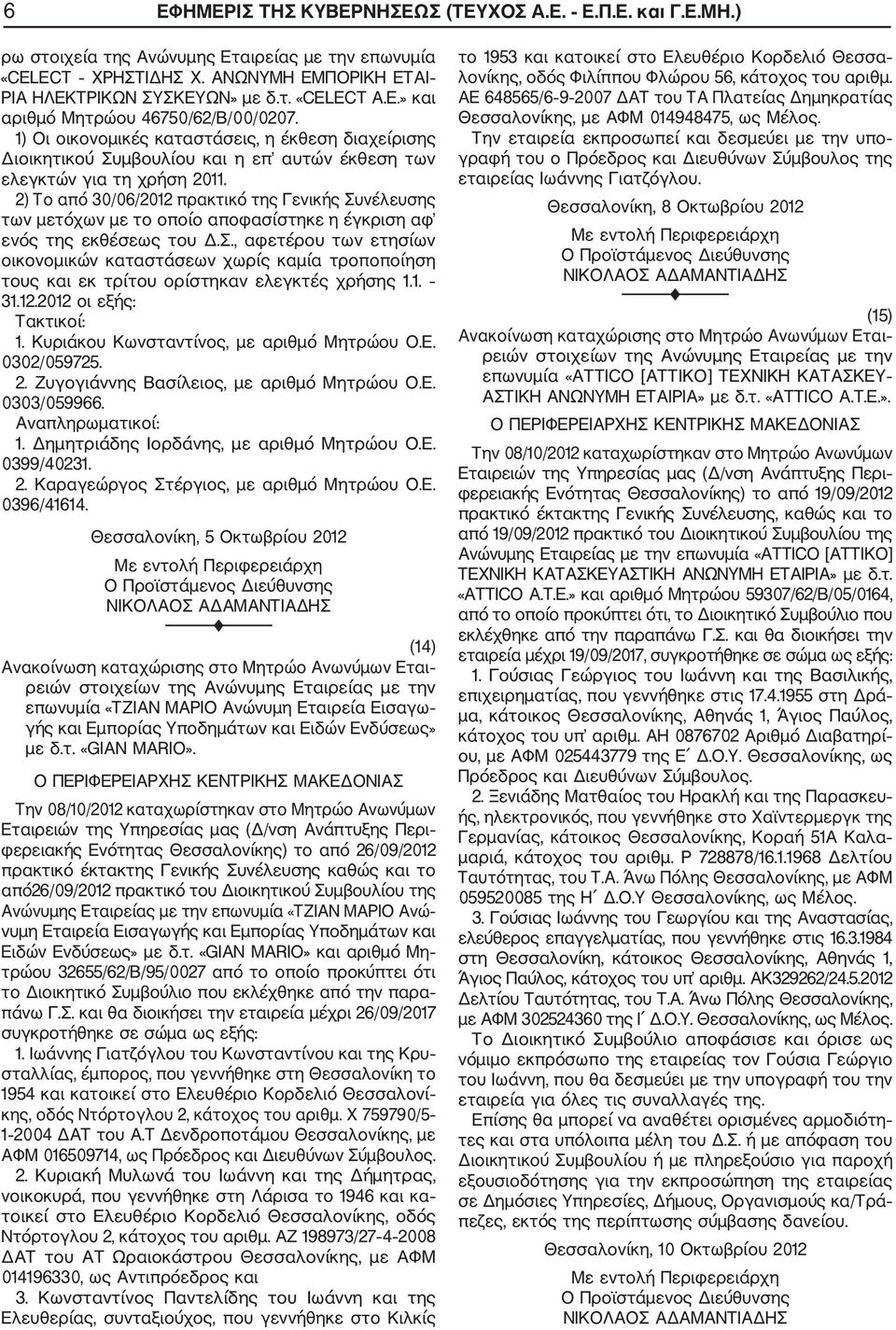 1. 31.12.2012 οι εξής: 1. Κυριάκου Κωνσταντίνος, με αριθμό Μητρώου Ο.Ε. 0302/059725. 2. Ζυγογιάννης Βασίλειος, με αριθμό Μητρώου Ο.Ε. 0303/059966. 1. Δημητριάδης Ιορδάνης, με αριθμό Μητρώου Ο.Ε. 0399/40231.