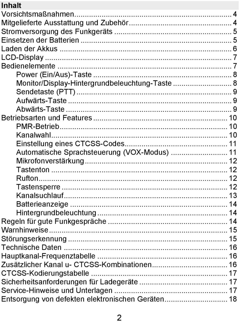 .. 10 Kanalwahl... 10 Einstellung eines CTCSS-Codes... 11 Automatische Sprachsteuerung (VOX-Modus)... 11 Mikrofonverstärkung... 12 Tastenton... 12 Rufton... 12 Tastensperre... 12 Kanalsuchlauf.