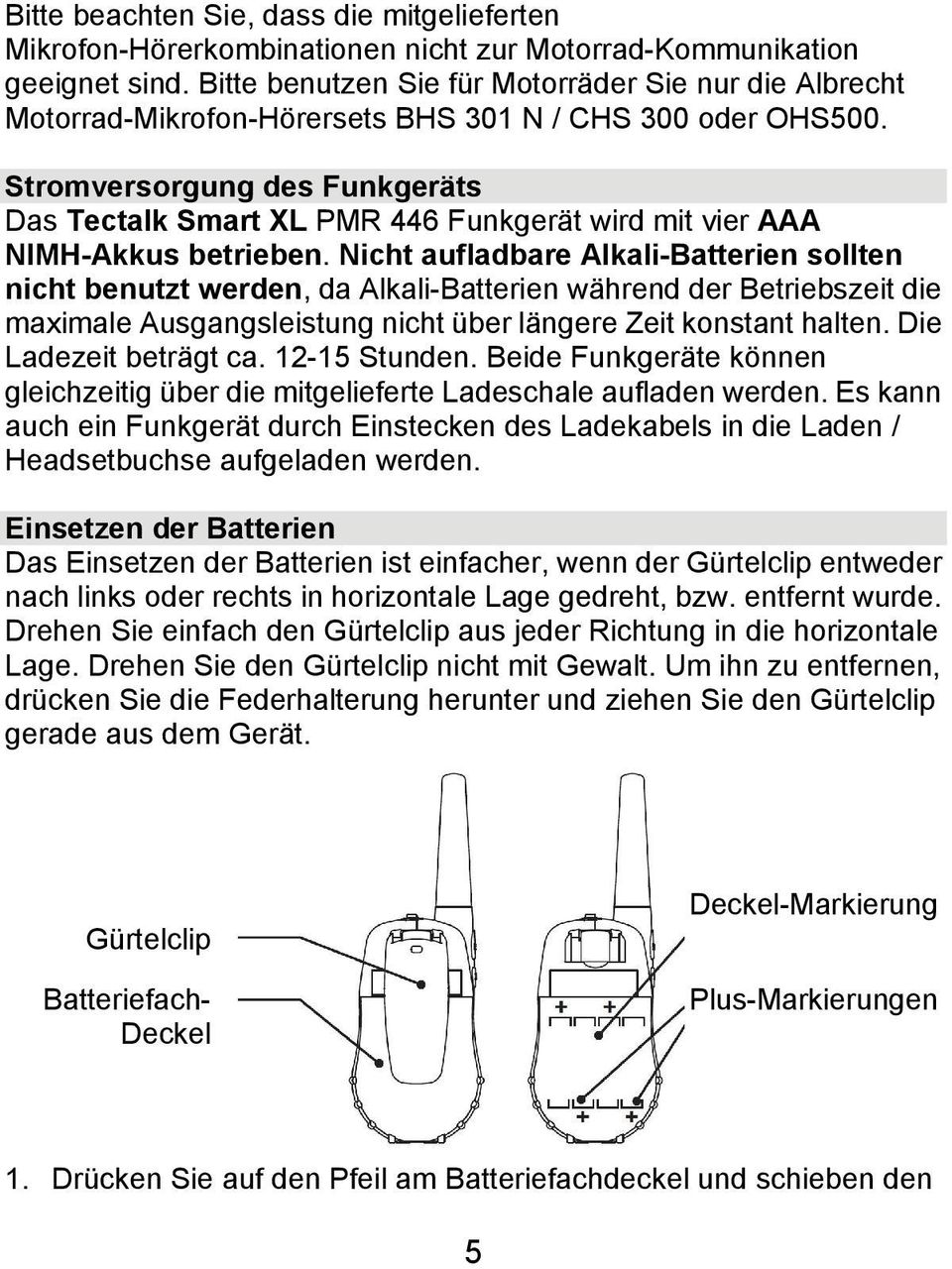 Stromversorgung des Funkgeräts Das Tectalk Smart XL PMR 446 Funkgerät wird mit vier AAA NIMH-Akkus betrieben.