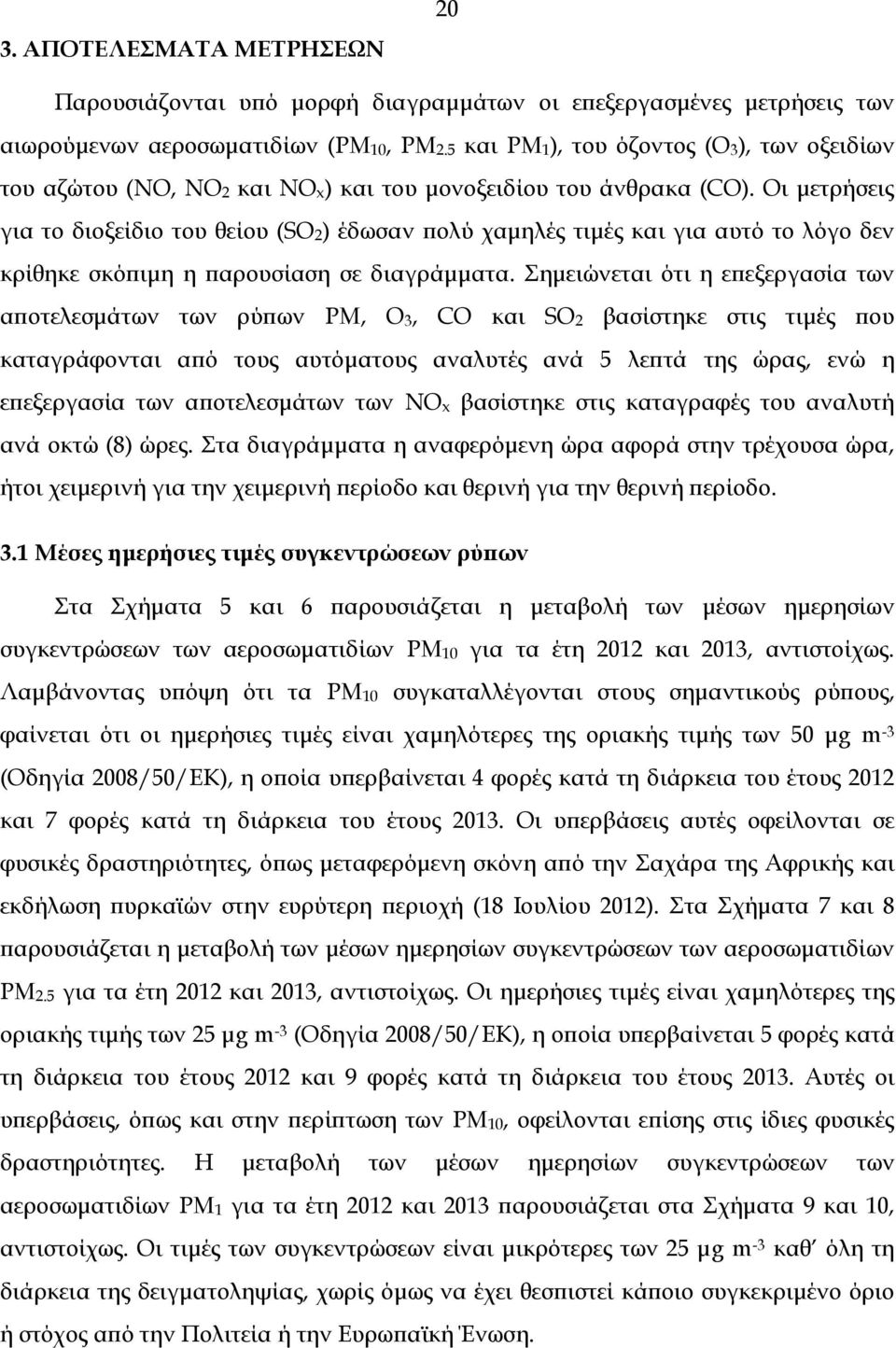 Οι μετρήσεις για το διοξείδιο του θείου (SO2) έδωσαν πολύ χαμηλές τιμές και για αυτό το λόγο δεν κρίθηκε σκόπιμη η παρουσίαση σε διαγράμματα.