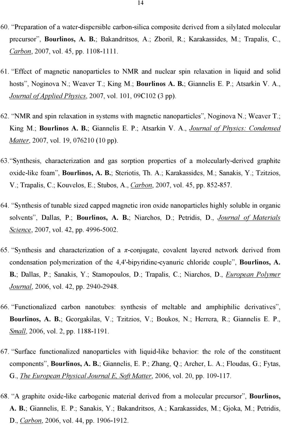 P.; Atsarkin V. A., Journal of Applied Physics, 2007, vol. 101, 09C102 (3 pp). 62. NMR and spin relaxation in systems with magnetic nanoparticles, Noginova N.; Weaver T.; King M.; Bourlinos A. B.; Giannelis E.