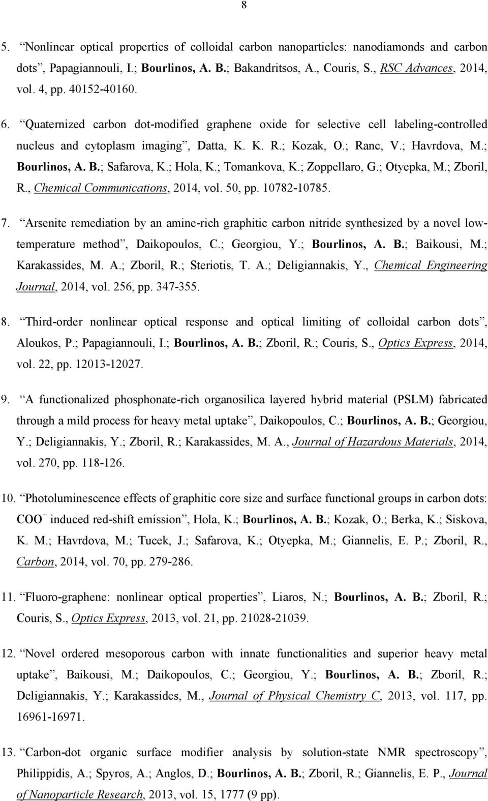 B.; Safarova, K.; Hola, K.; Tomankova, K.; Zoppellaro, G.; Otyepka, M.; Zboril, R., Chemical Communications, 2014, vol. 50, pp. 10782-10785. 7.