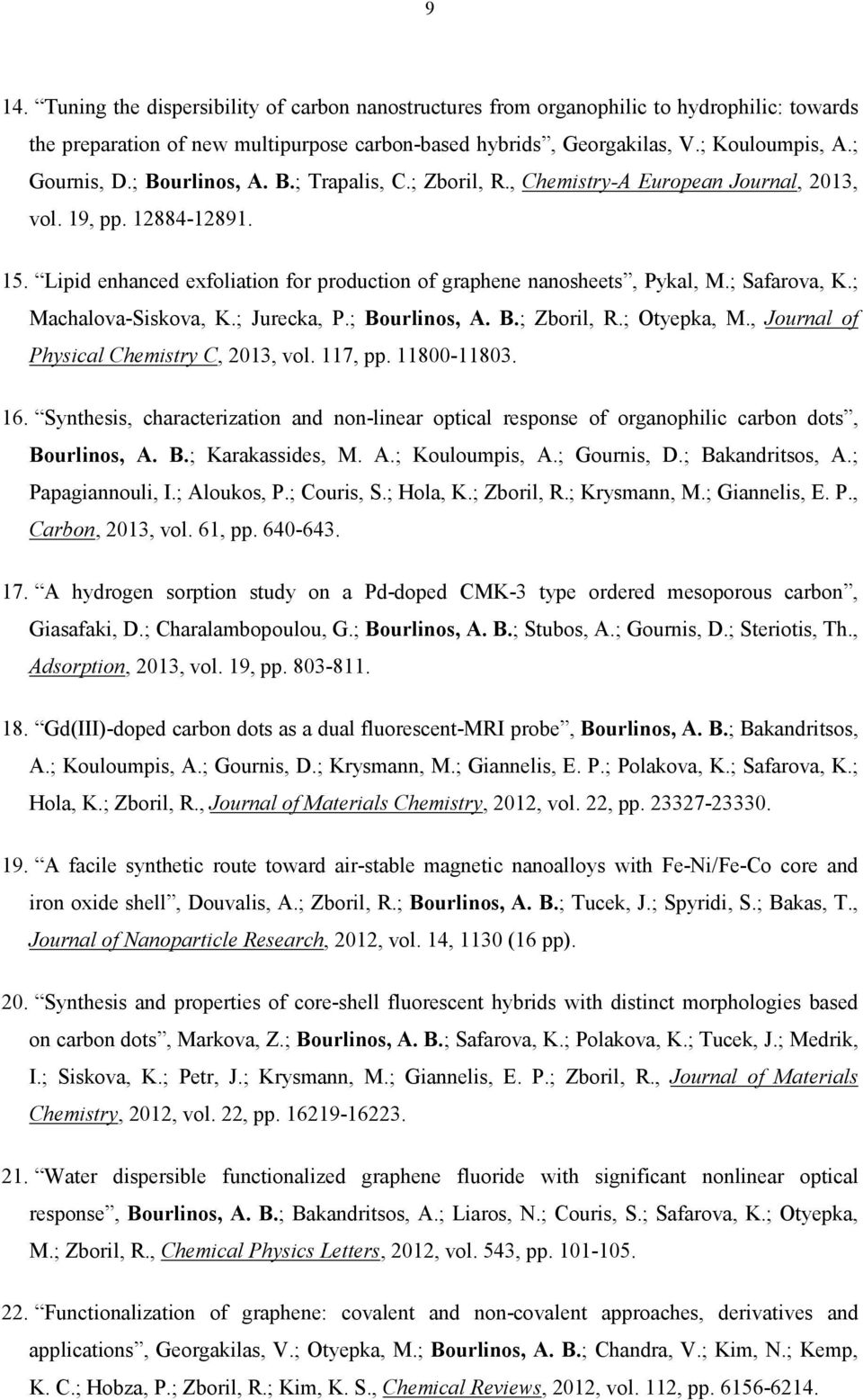 ; Safarova, K.; Machalova-Siskova, K.; Jurecka, P.; Bourlinos, A. B.; Zboril, R.; Otyepka, M., Journal of Physical Chemistry C, 2013, vol. 117, pp. 11800-11803. 16.