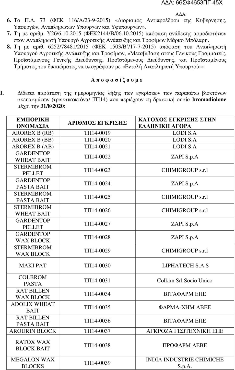 6252/78481/2015 (ΦΕΚ 1503/Β /17-7-2015) απόφαση του Αναπληρωτή Υπουργού Αγροτικής Ανάπτυξης και Τροφίµων, «Μεταβίβαση στους Γενικούς Γραµµατείς, Προϊστάµενους Γενικής ιεύθυνσης, Προϊστάµενους