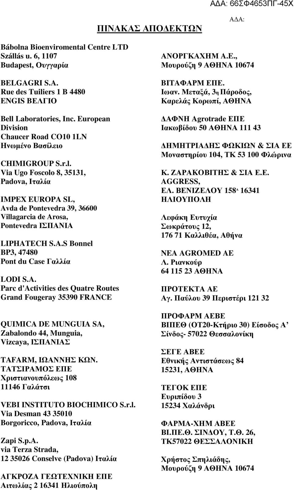 LIPHATECH S.A.S Bonnel BP3, 47480 Pont du Case Γαλλία LODI S.A. Parc d'activities des Quatre Routes Grand Fougeray 35390 FRANCE, Zabalondo 44, Munguia, Vizcaya, ΙΣΠΑΝΙΑΣ TAFARM, ΙΩΑΝΝΗΣ ΚΩΝ.