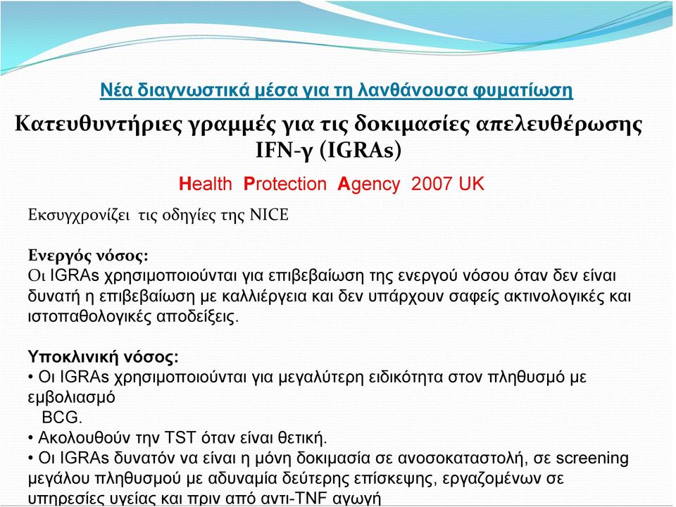 αντι-tnf αγωγή Νέα διαγνωστικά μέσα για τη λανθάνουσα φυματίωση Κατευθυντήριες γραμμές για τις δοκιμασίες απελευθέρωσης IFN γ (ΙGRAs) Εκσυγχρονίζει τις οδηγίες της NICE Health