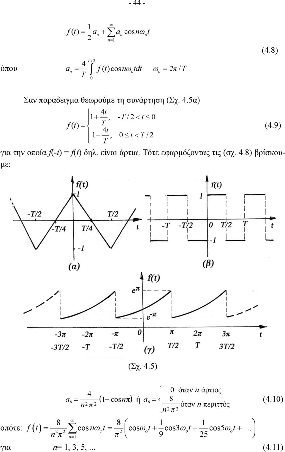 9) 4t, 0 t < / για την οποία f(-t) = f(t) δηλ. είναι άρτια. Τότε εφαρµόζοντας τις (σχ. 4.8) βρίσκου- µε: (Σχ.