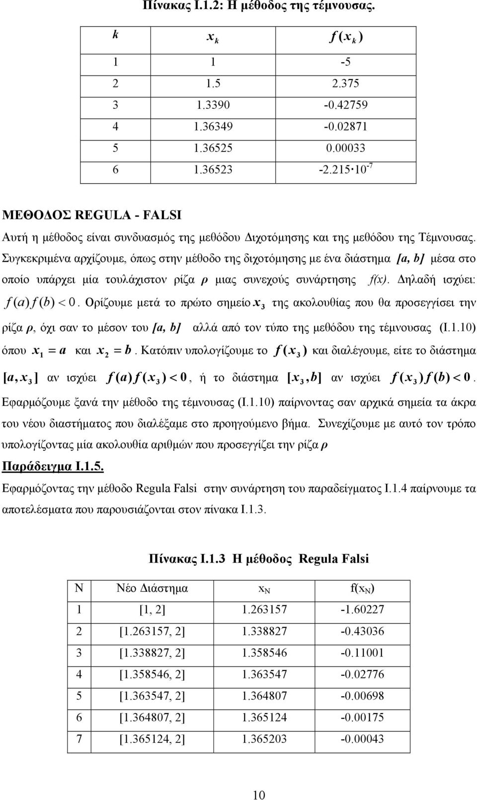 Συγκεκριμένα αρχίζουμε, όπως στην μέθοδο της διχοτόμησης με ένα διάστημα [a, b] μέσα στο οποίο υπάρχει μία τουλάχιστον ρίζα ρ μιας συνεχούς συνάρτησης f(. Δηλαδή ισχύει: f ( a f ( b < 0.