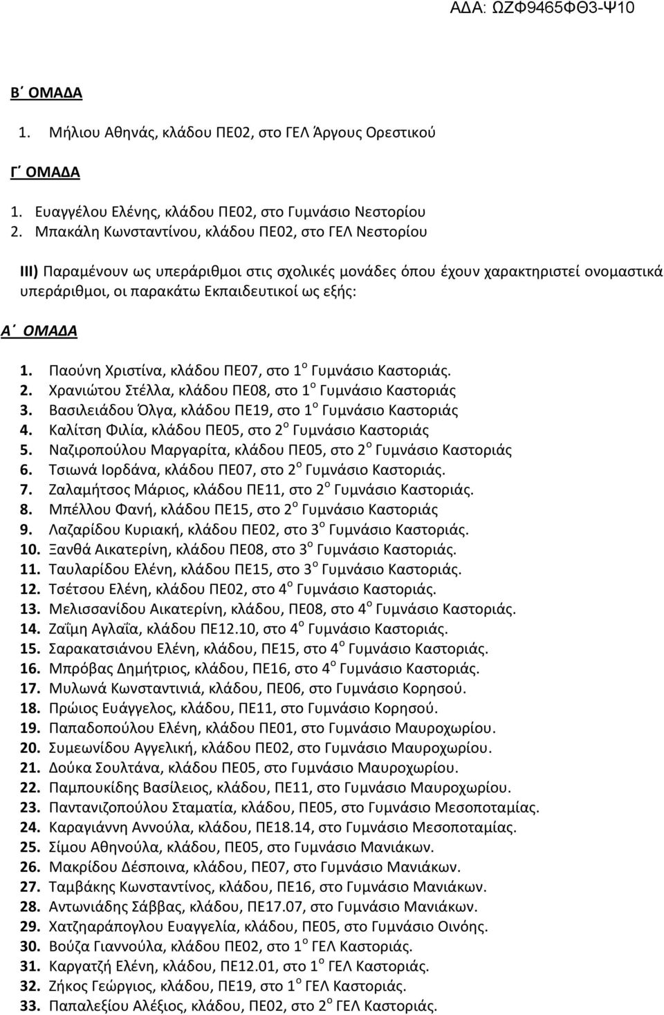 Παούνη Χριστίνα, κλάδου ΠΕ07, στο 1 ο Γυμνάσιο Καστοριάς. 2. Χρανιώτου Στέλλα, κλάδου ΠΕ08, στο 1 ο Γυμνάσιο Καστοριάς 3. Βασιλειάδου Όλγα, κλάδου ΠΕ19, στο 1 ο Γυμνάσιο Καστοριάς 4.