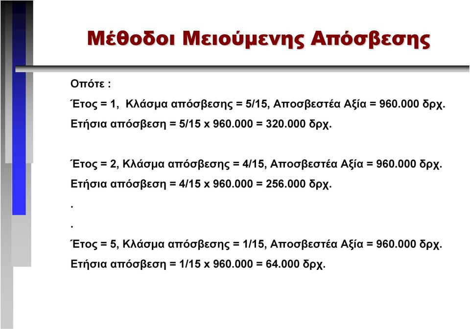 000 δρχ. Ετήσια απόσβεση = 4/15 x 960.000 = 256.000 δρχ... Έτος = 5, Κλάσµα απόσβεσης= 1/15, Αποσβεστέα Αξία = 960.