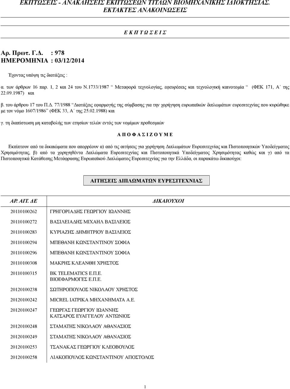 . 77/1988 ιατάξεις εφαρµογής της σύµβασης για την χορήγηση ευρωπαϊκών διπλωµάτων ευρεσιτεχνίας που κυρώθηκε µε τον νόµο 1607/1986 (ΦΕΚ 33, Α της 25.02.1988) και γ.