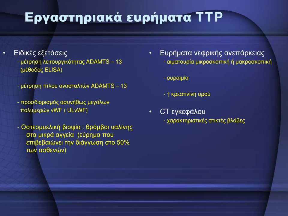 θρόμβοι υαλίνης στα μικρά αγγεία (εύρημα που επιβεβαιώνει την διάγνωση στο 50% των ασθενών) Ευρήματα νεφρικής