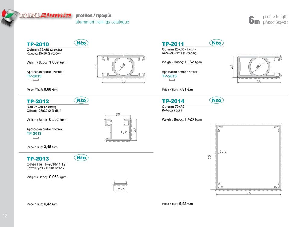 / Τιμή: 7,81 /m TP-2012 Rail 25x30 (2 exits) Οδηγός 25x30 (2 έξοδοι) Νέο TP-2014 Column 75x75 Κολώνα 75x75 Νέο Weight / Βάρος: 0,502 kg/m Weight / Βάρος: 1,423 kg/m Application