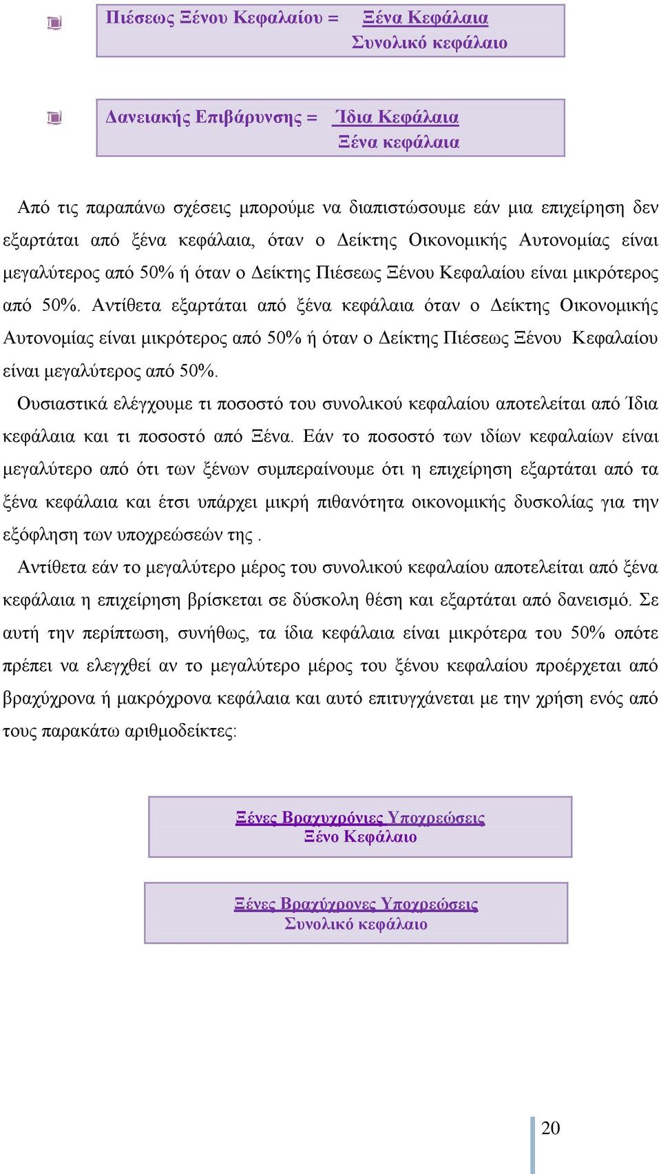 Αληίζεηα εμαξηάηαη απφ μέλα θεθάιαηα φηαλ ν Γείθηεο Οηθνλνκηθήο Απηνλνκίαο είλαη κηθξφηεξνο απφ 50% ή φηαλ ν Γείθηεο Πηέζεσο Ξέλνπ Κεθαιαίνπ είλαη κεγαιχηεξνο απφ 50%.