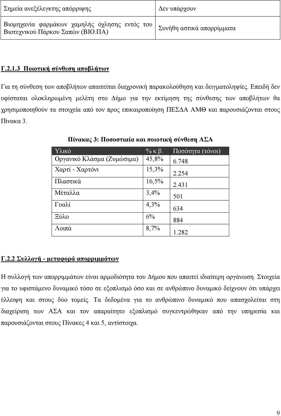 Επειδή δεν υφίσταται ολοκληρωμένη μελέτη στο Δήμο για την εκτίμηση της σύνθεσης των αποβλήτων θα χρησιμοποιηθούν τα στοιχεία από τον προς επικαιροποίηση ΠΕΣΔΑ ΑΜΘ και παρουσιάζονται στους Πίνακα 3.