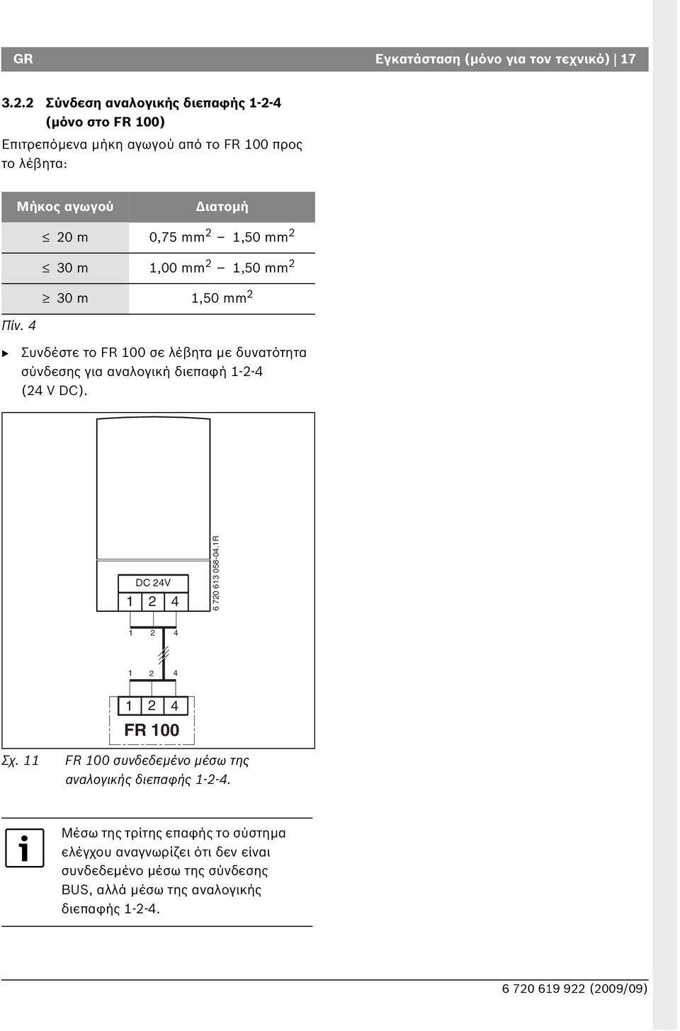 mm 2 30 m 1,00 mm 2 1,50 mm 2 30 m 1,50 mm 2 Πίν. 4 B Συνδέστε το FR 100 σε λέβητα με δυνατότητα σύνδεσης για αναλογική διεπαφή 1-2-4 (24 V DC).