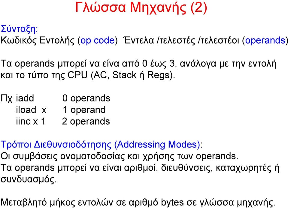 Πχ iadd iload x iinc x 1 0 operands 1 operand 2 operands Τρόποι Διεθυνσιοδότησης (Addressing Modes): Οι συμβάσεις