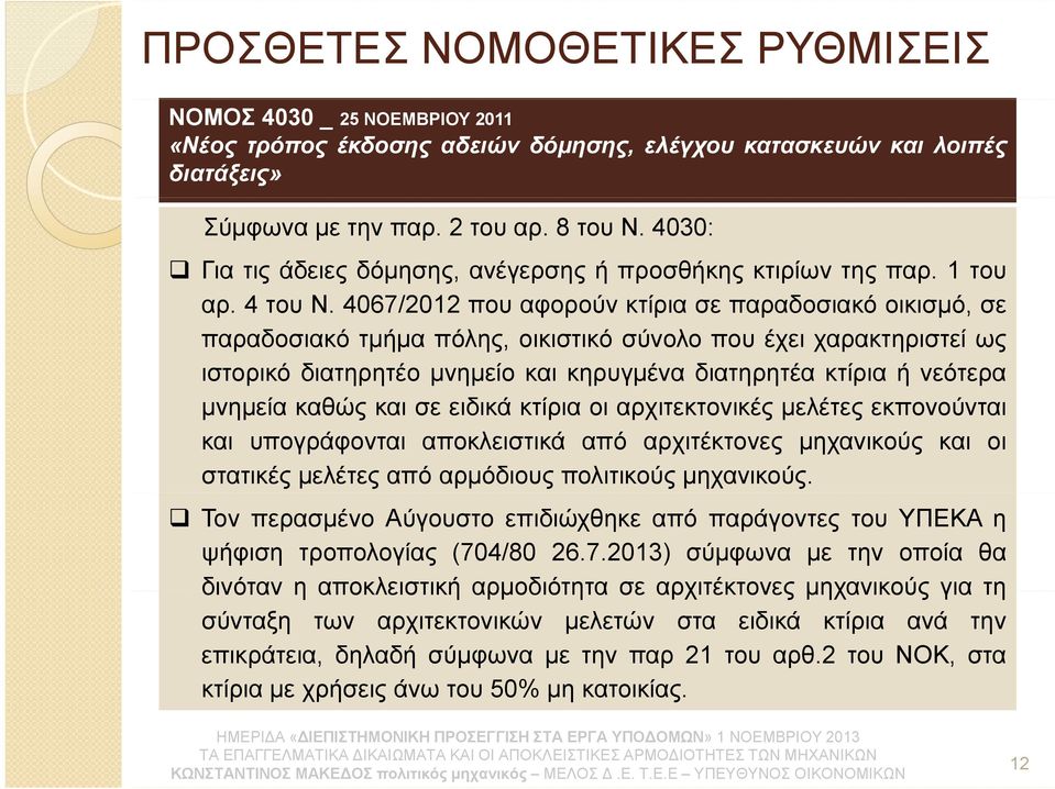 4067/2012 που αφορούν κτίρια σε παραδοσιακό οικισμό, σε παραδοσιακό τμήμα πόλης, οικιστικό σύνολο που έχει χαρακτηριστεί ως ιστορικό διατηρητέο μνημείο και κηρυγμένα διατηρητέα κτίρια ή νεότερα