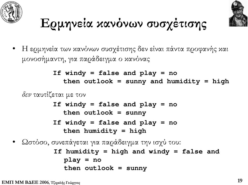 τον If windy = false and play = no then outlook = sunny If windy = false and play = no then humidity = high