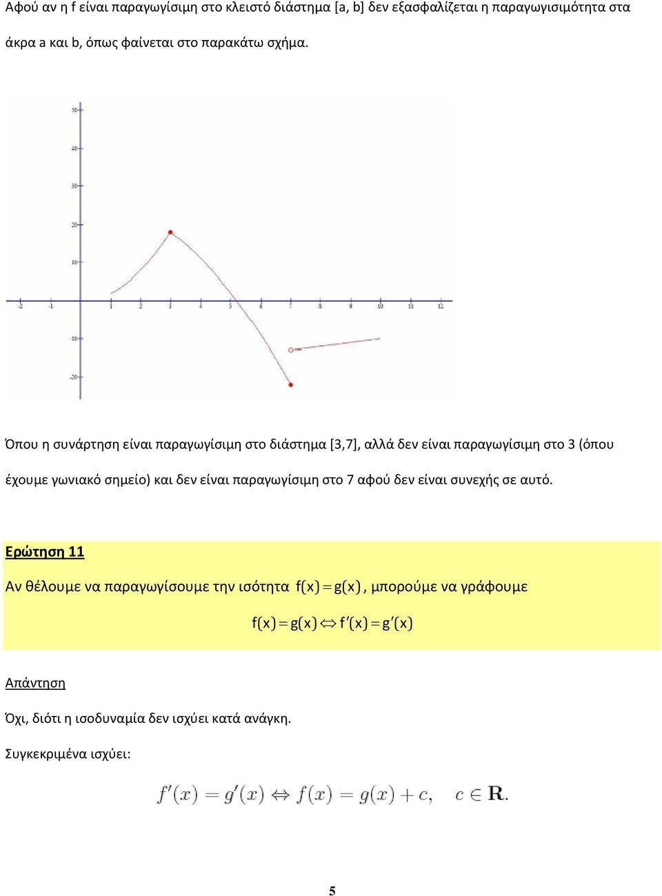 Όπου η συνάρτηση είναι παραγωγίσιμη στο διάστημα [3,7], αλλά δεν είναι παραγωγίσιμη στο 3 (όπου έχουμε γωνιακό σημείο) και