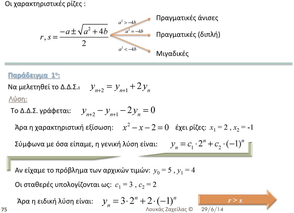 : Λύση: y n+2 = y n+1 + 2y n Το Δ.Δ.Σ.