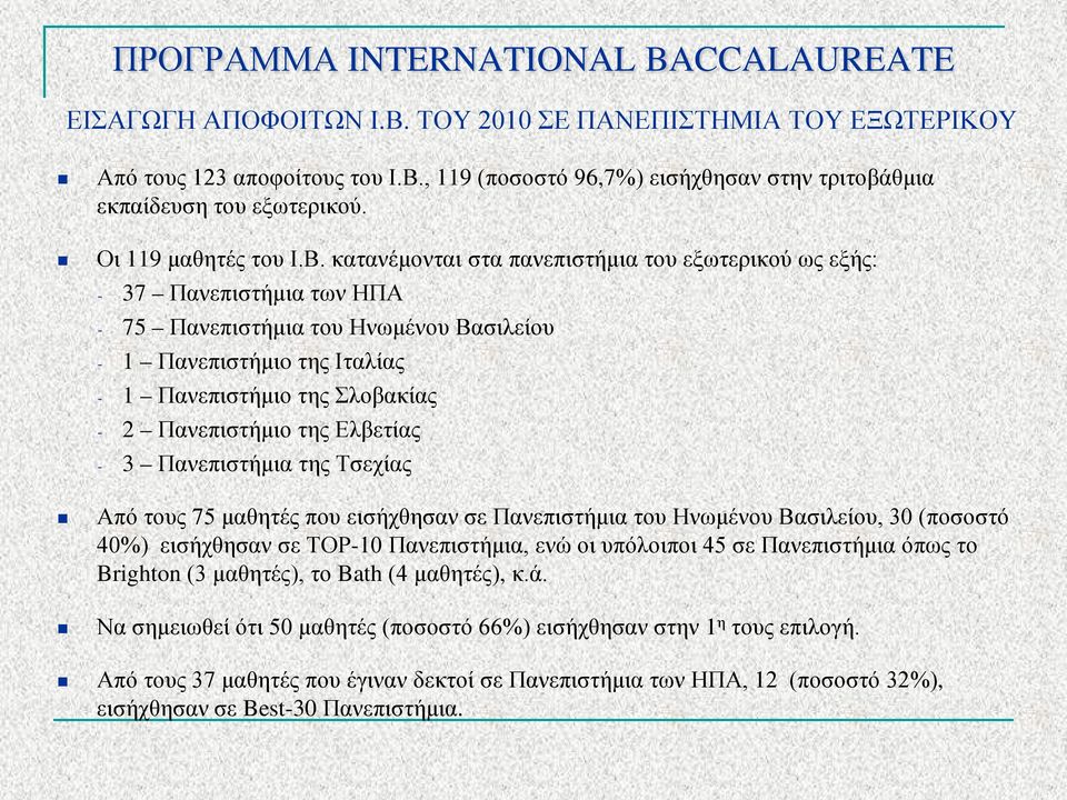 , 119 (ποσοστό 96,7%) εισήχθησαν στην τριτοβάθμια εκπαίδευση του εξωτερικού. Οι 119 μαθητές του Ι.Β.