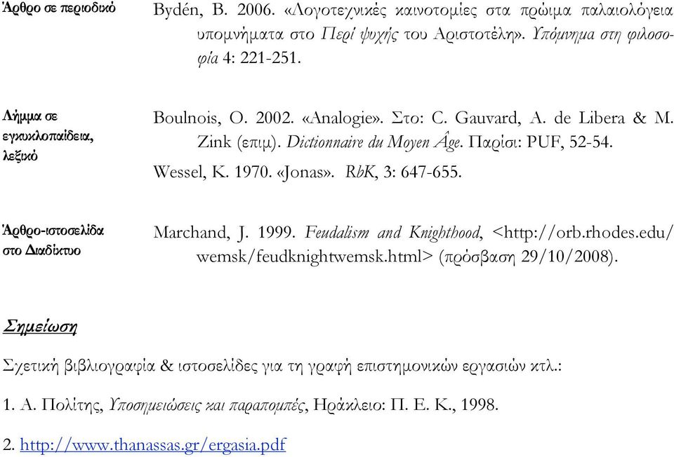 «Jonas». RbK, 3: 647-655. Άρθρο-ιστοσελίδα στο Διαδίκτυο Marchand, J. 1999. Feudalism and Knighthood, <http://orb.rhodes.edu/ wemsk/feudknightwemsk.html> (πρόσβαση 29/10/2008).